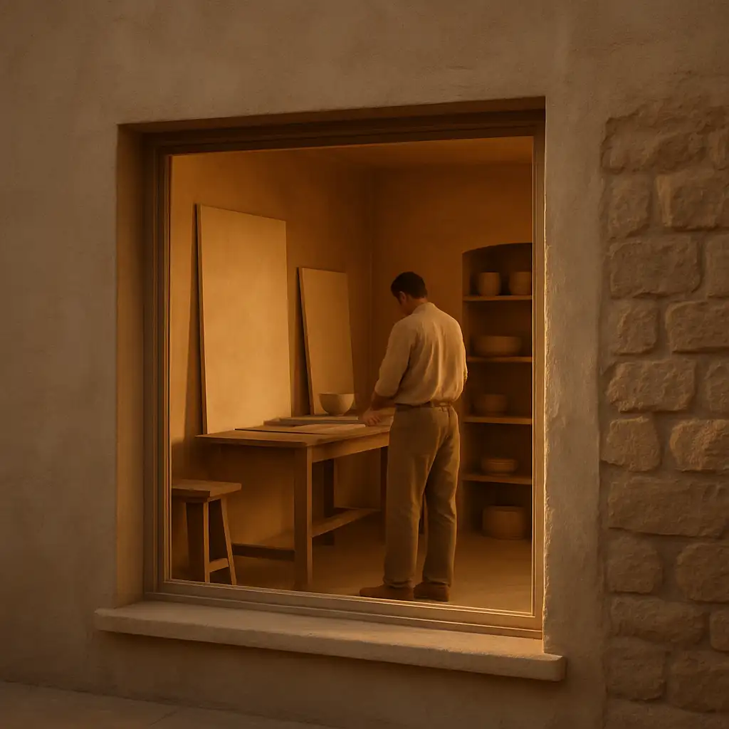 A generic finisher’s studio frontage at golden hour