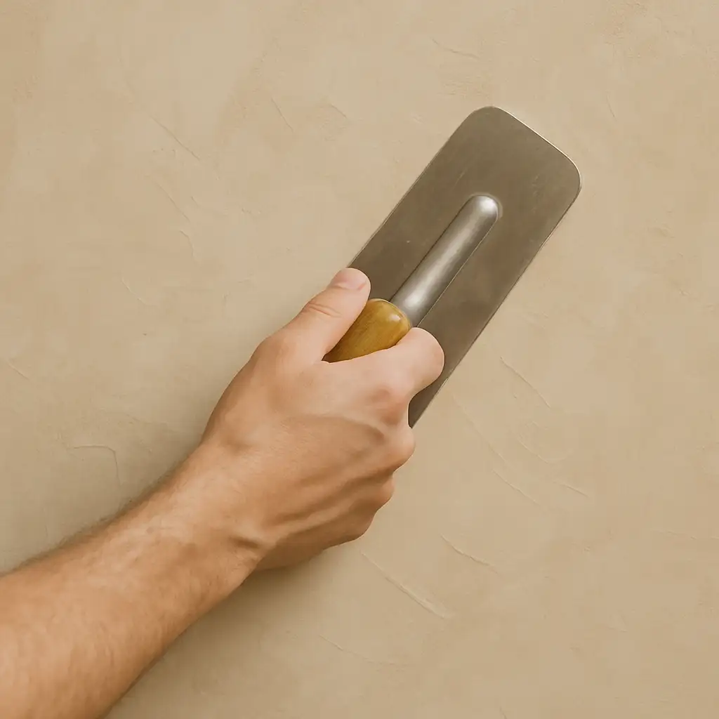 A hand drawing a steel trowel across fresh Venetian plaster