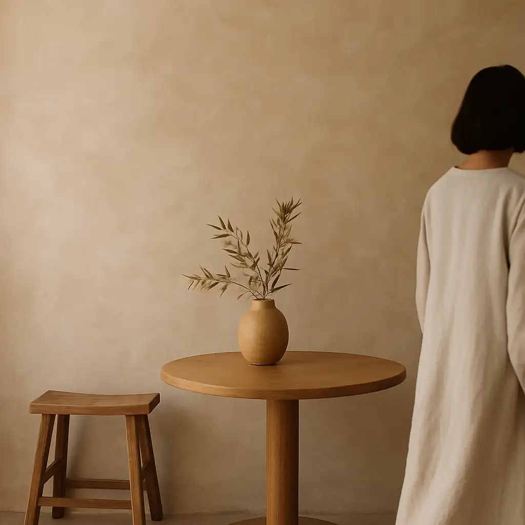 A lime-washed textured wall with chalky matte depth