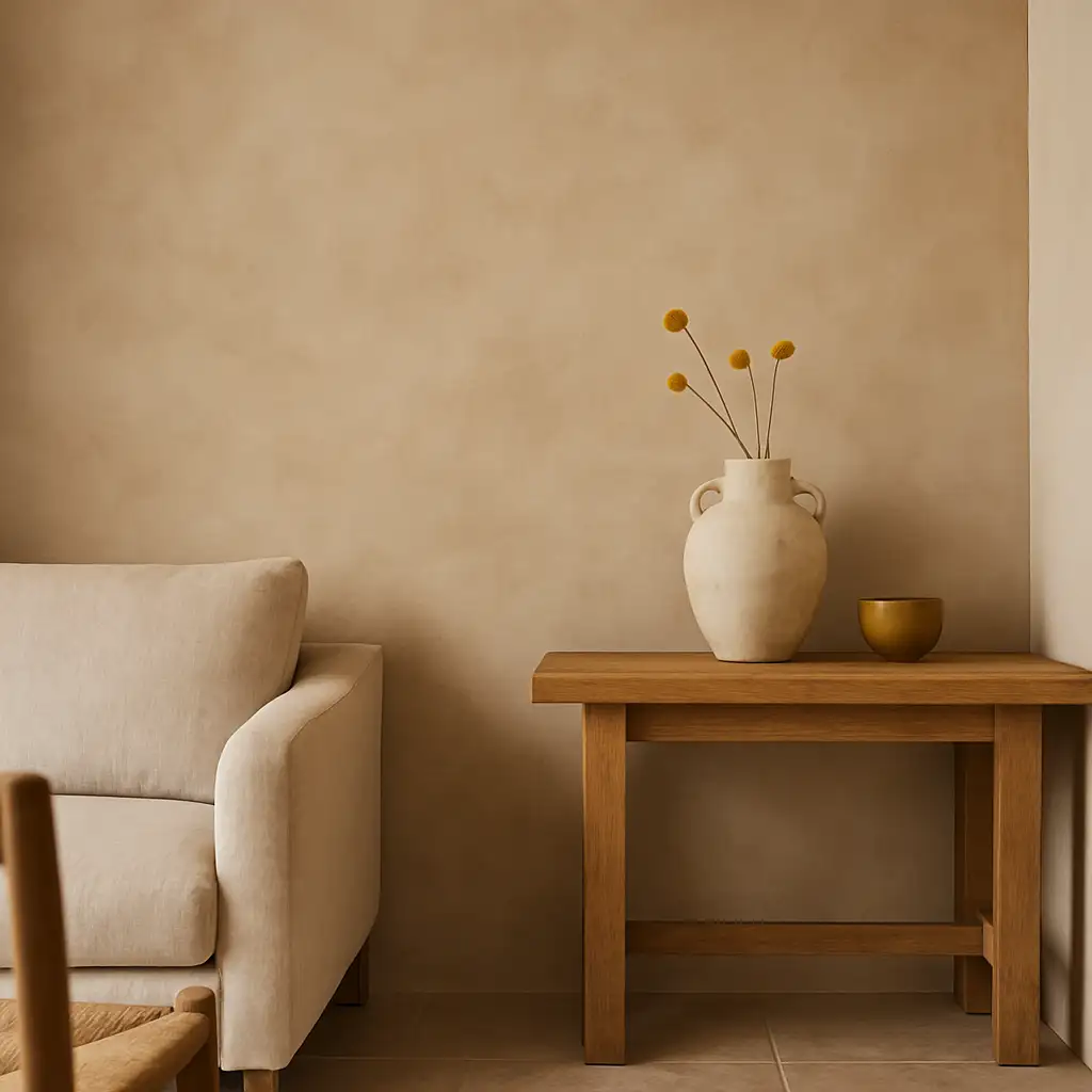 A decorative feature wall with layered tone in a softly styled interior