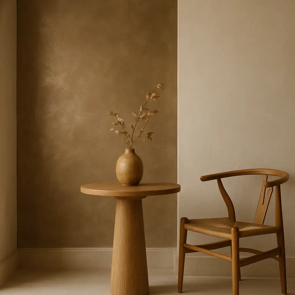 A textured metallic accent wall with a low sheen catching side light
